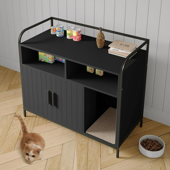 Cat Litter Box Enclosure with Metal Frame and Dual Storage Shelves, Modern Hidden Litter Box Furniture Indoor Cat House, Side Table Style