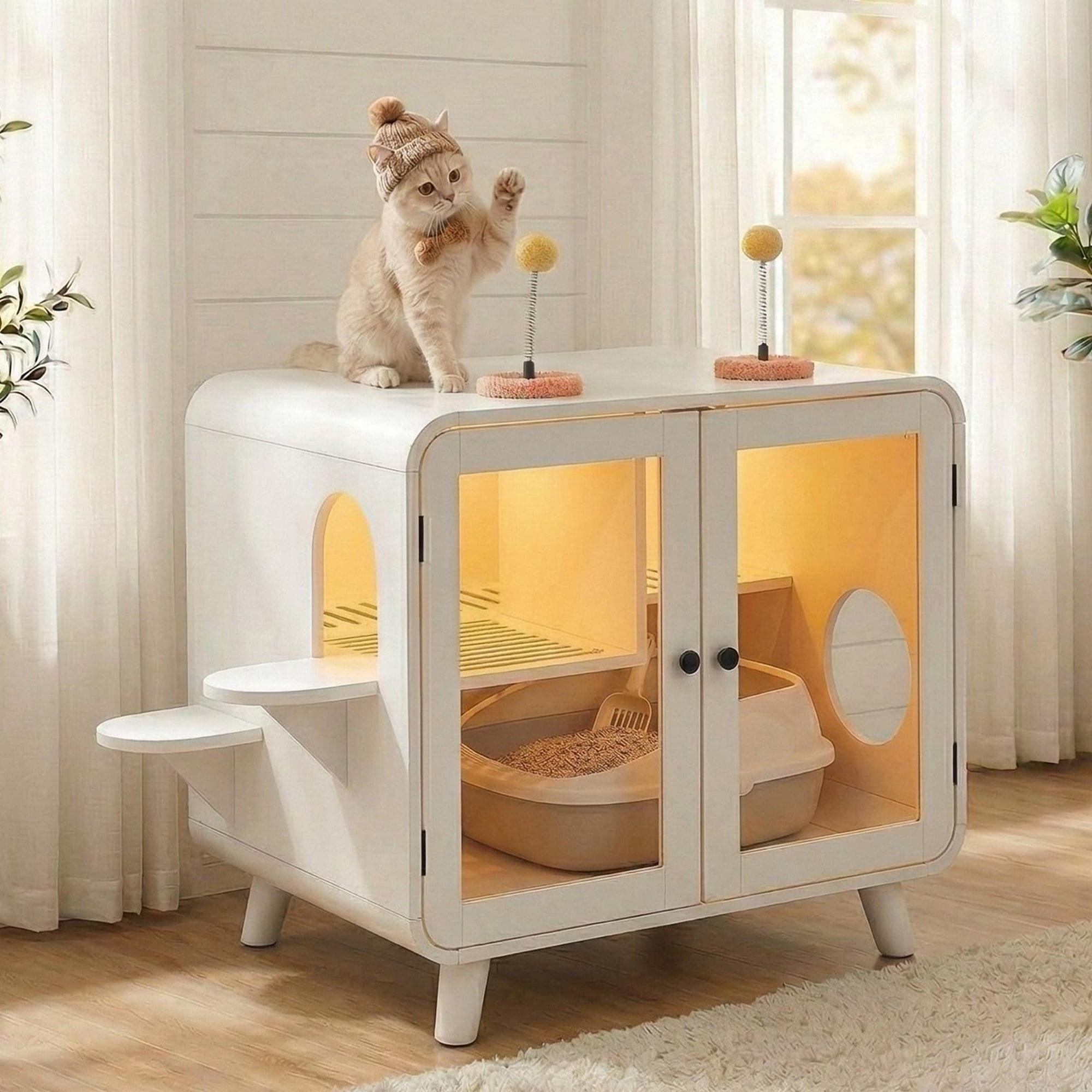 Cat Litter Box Enclosure with RGB LED Light and Stairs, Hidden Cat Washroom Cabinet with Glass Doors and Litter Leak Walkway, White