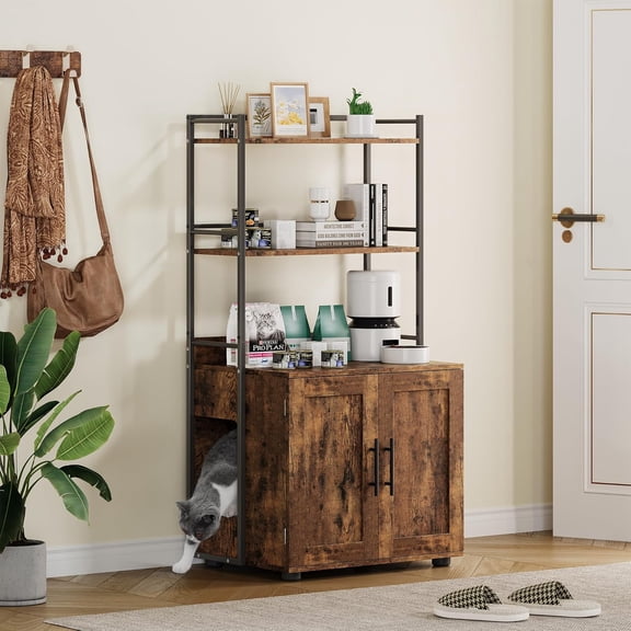 Cat Litter Box Enclosure with Shelf Storage – 2-in-1 Hidden Cat Furniture, Indoor Cat Cabinet with 3 Shelves and Door, Litter Box Cabinet, Brown