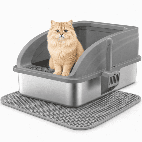 Stainless Steel Cat Litter Box,YUWENUS High Sided Cat Litter Box Metal Litter Pan with Lid Large Litter Box with Scoop, Dark Gray