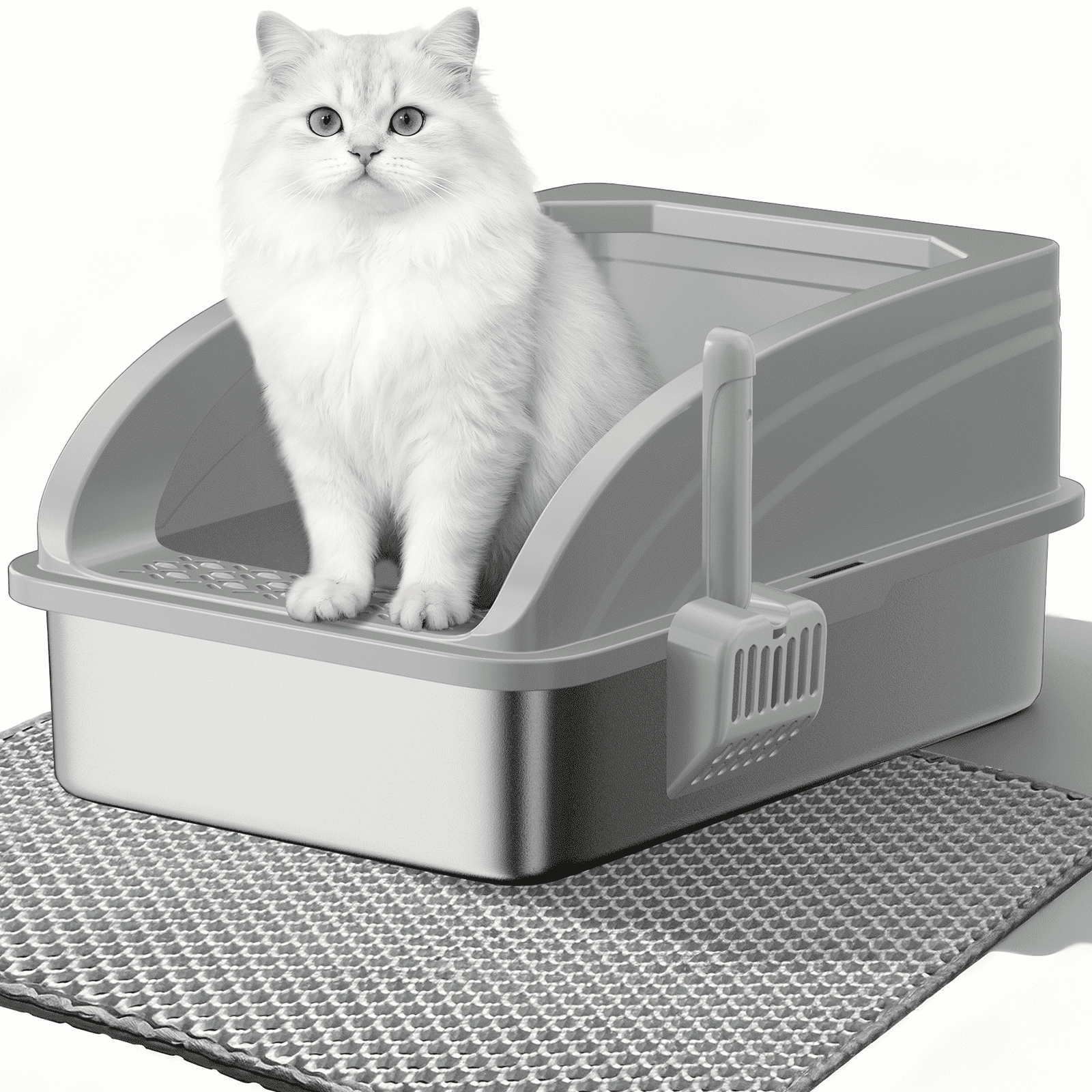 Stainless Steel Cat Litter Box,YUWENUS High Sided Cat Litter Box Metal Litter Pan with Lid Large Litter Box with Scoop, Dark Gray