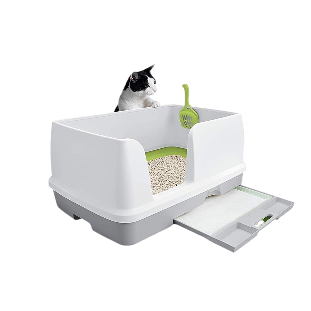 Cat Litter Box, Freestanding Cat Litter Pan with Scoop, Modern Cat