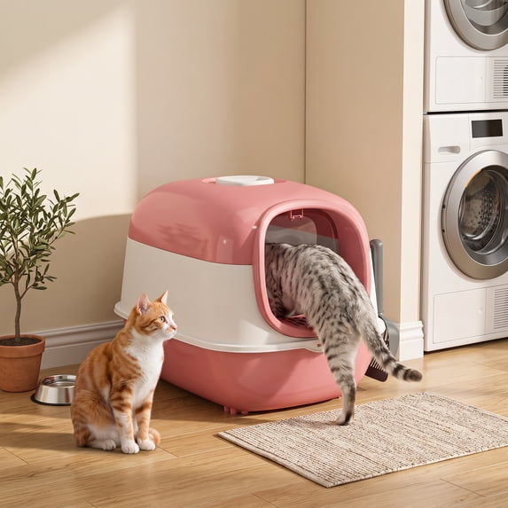 Cat Litter Box, Fully Enclosed Large Front-Entry Kitty Toilet with Flip-Top Lid, Litter Filter Pedal, Removable Base