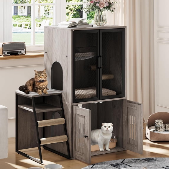 Two Tier Cat Litter Box Furniture - Enclosed Cabinet with Doors - Hidden Storage and Ladder - Gray