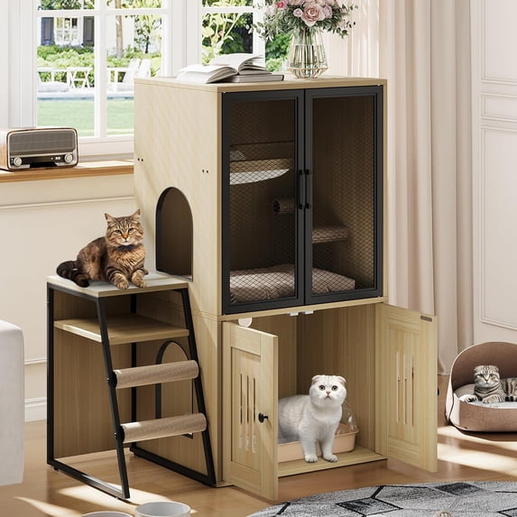 Cat Litter Box Furniture, 2 Tier Enclosed Litter Box Furniture with Doors, Hidden Storage and Ladder, Natural Wood