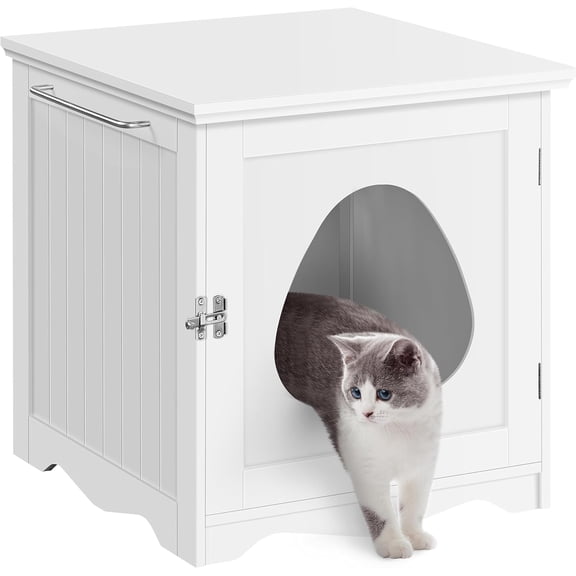 Cat Litter Box Furniture Enclosure with Towel Bar, Hidden Wooden Pet Washroom Cabinet, Dog Proof Indoor Cat House, Modern Side End Table for Living Room, White