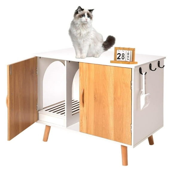 Cat Litter Box Furniture, Extra-Large Litter Box Enclosure with Cat Scratcher&Deodorization, 31.5 x 18.5 x 24.4 Inches for Large Cat White