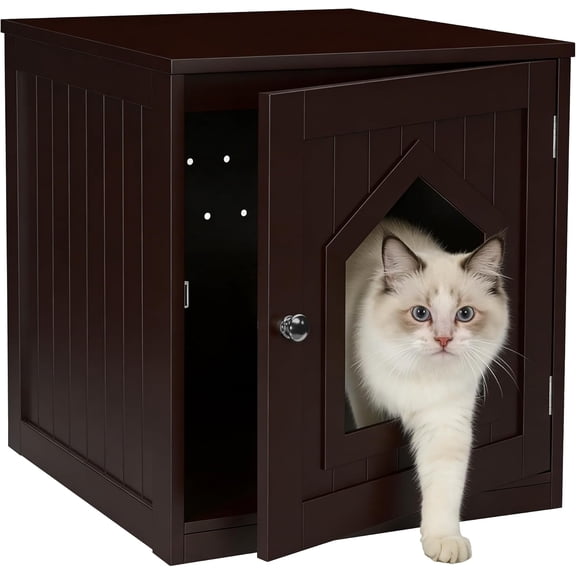 Cat Litter Box Furniture Hidden, Enclosed Cat Litter Box with Vent Holes, Indoor Cat Box Cabinet, Wooden Cat Washroom, End Table, Nightstand (Brown)