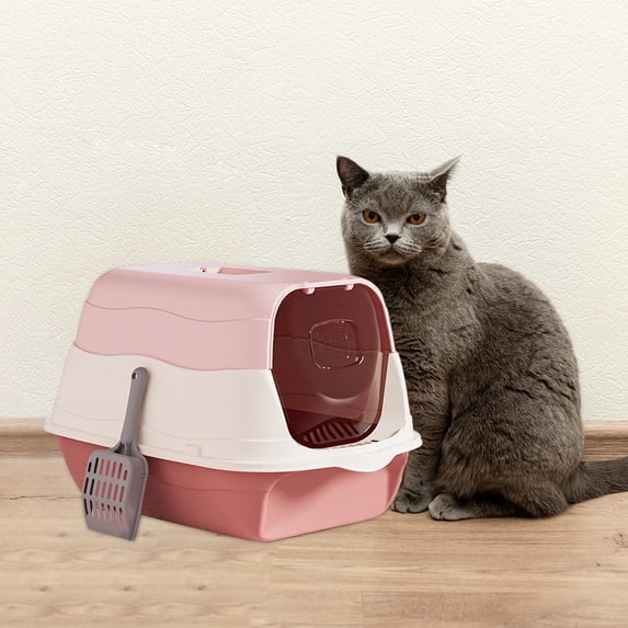 Cat Litter Box Hooded Cat with Lid Pet Litter Tray Enclosed Cat Enclosed Cat Toilet Portable with Door Kitten Potty Pet Supplies Pink