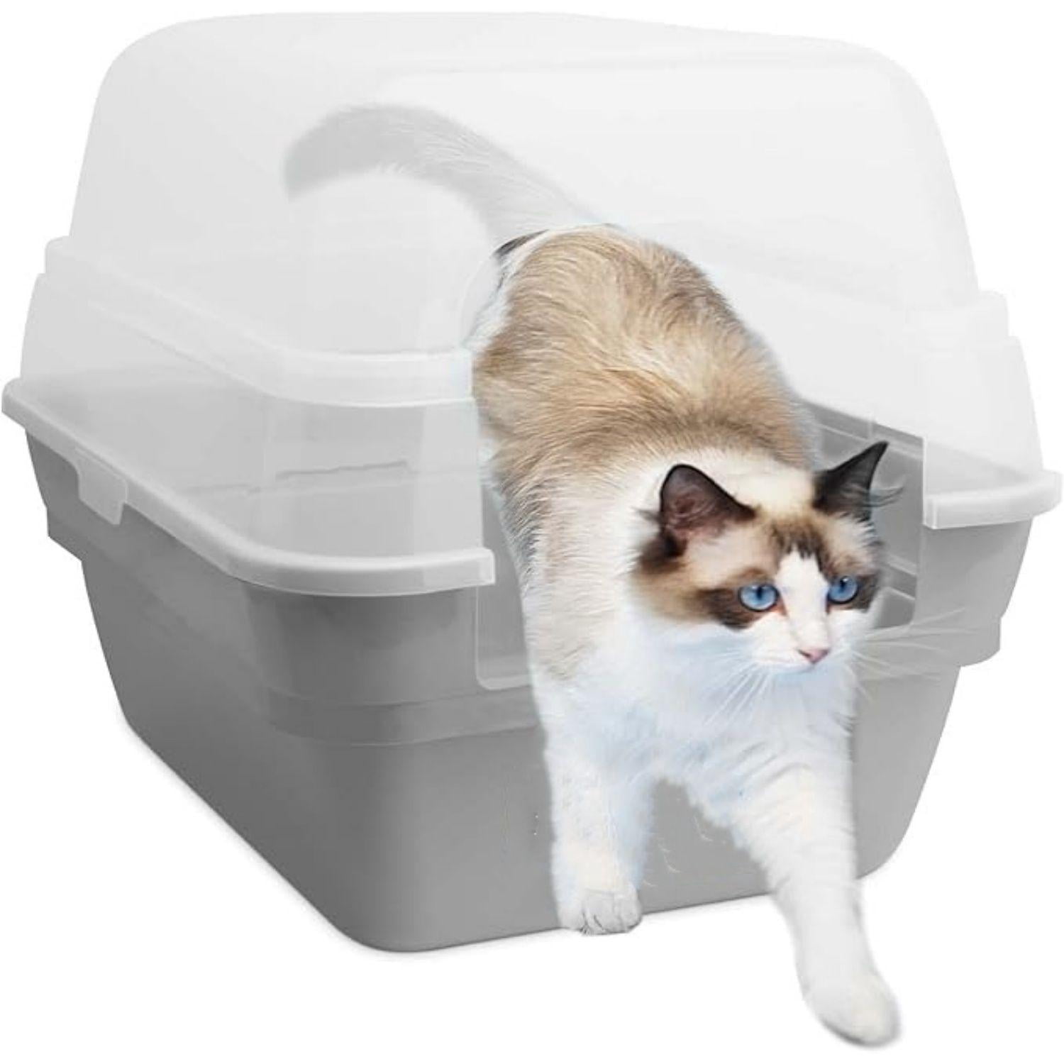 Cat Litter Box, Large Foldable Jumbo Hooded with Transparent Lid,Grey