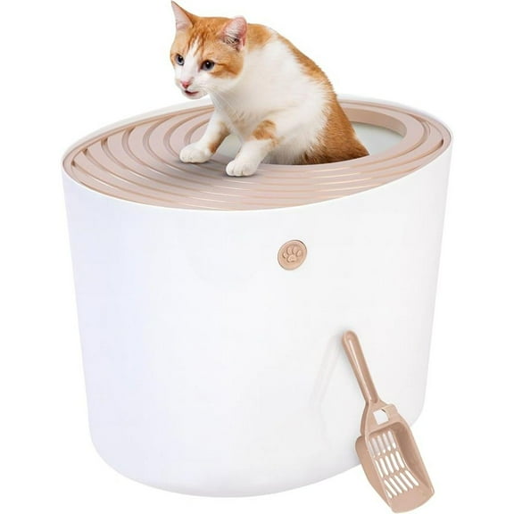Cat Litter Box Large Top Entry with Lid Enclosed Covered Hooded Design Litter Catching Scatter Shield Pan Dog Proof Pet Proof Scoop Included Odor Control for Indoor Cats Kittens Beige/White