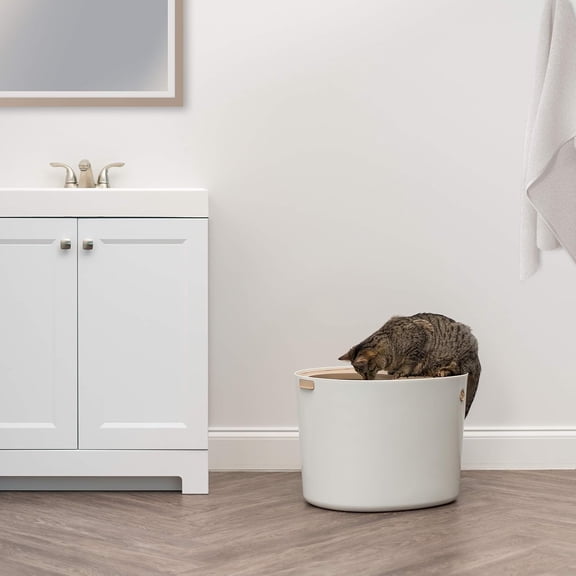 Cat Litter Box, Large Top Entry with Litter Catching Lid and Scoop, Dog Proof, Cat Box Enclosure, Beige/White