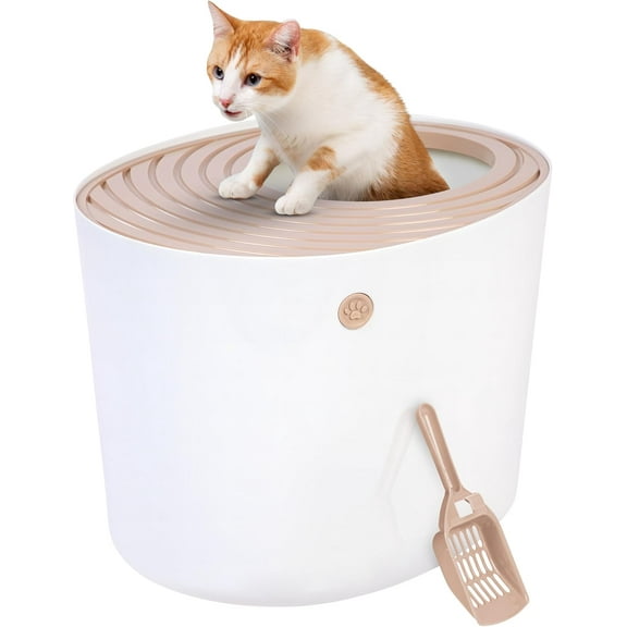Cat Litter Box, Large Top Entry with Litter Catching Lid and Scoop, Dog Proof, Cat Box Enclosure, Beige/White