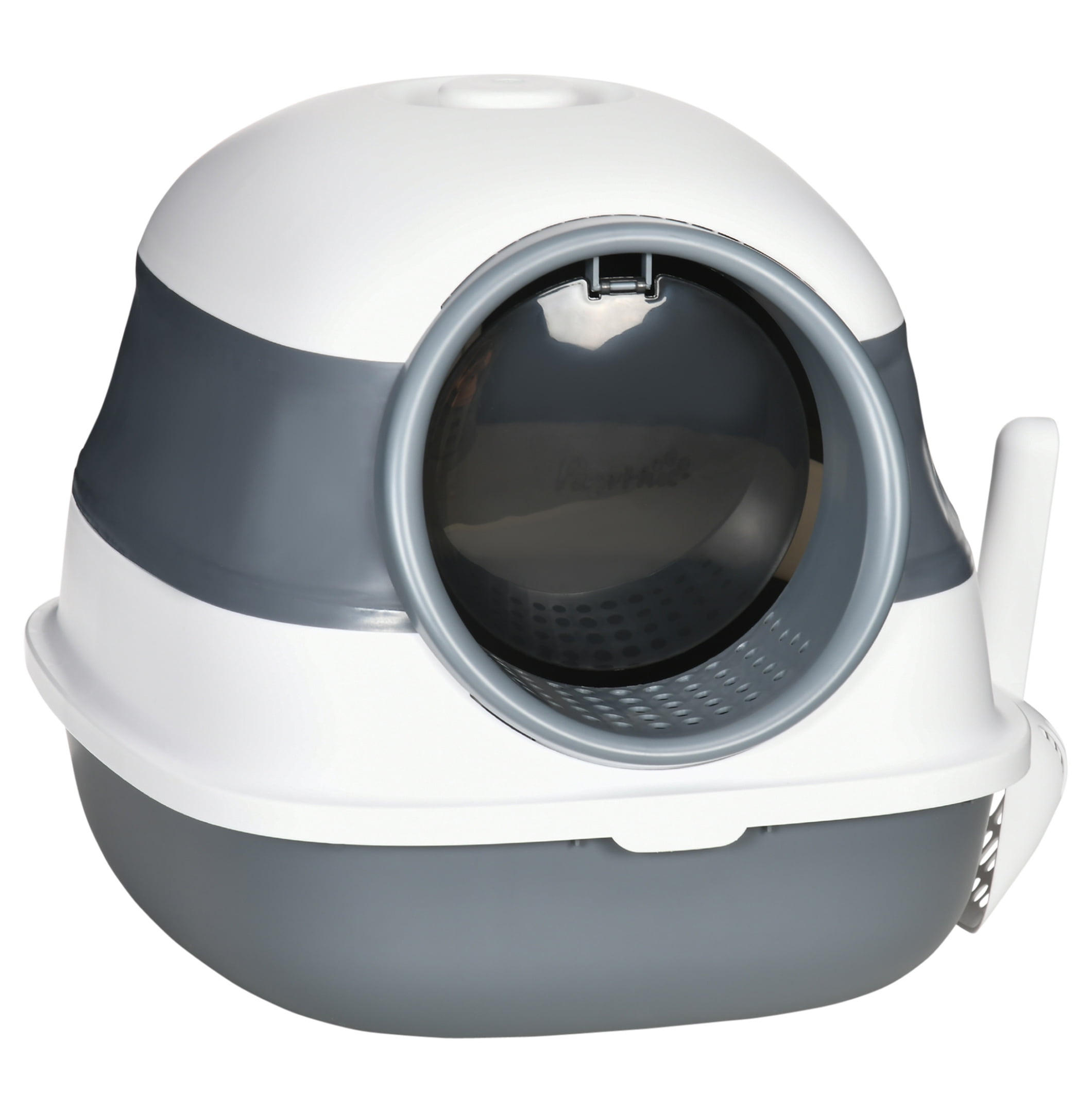 Cat Litter Box with Lid, Covered Litter Box w/ High Sides, Air Freshener, Large Two-Way Entrance Kitty Litter Box, Foldable, Easy Clean, White, and Gray