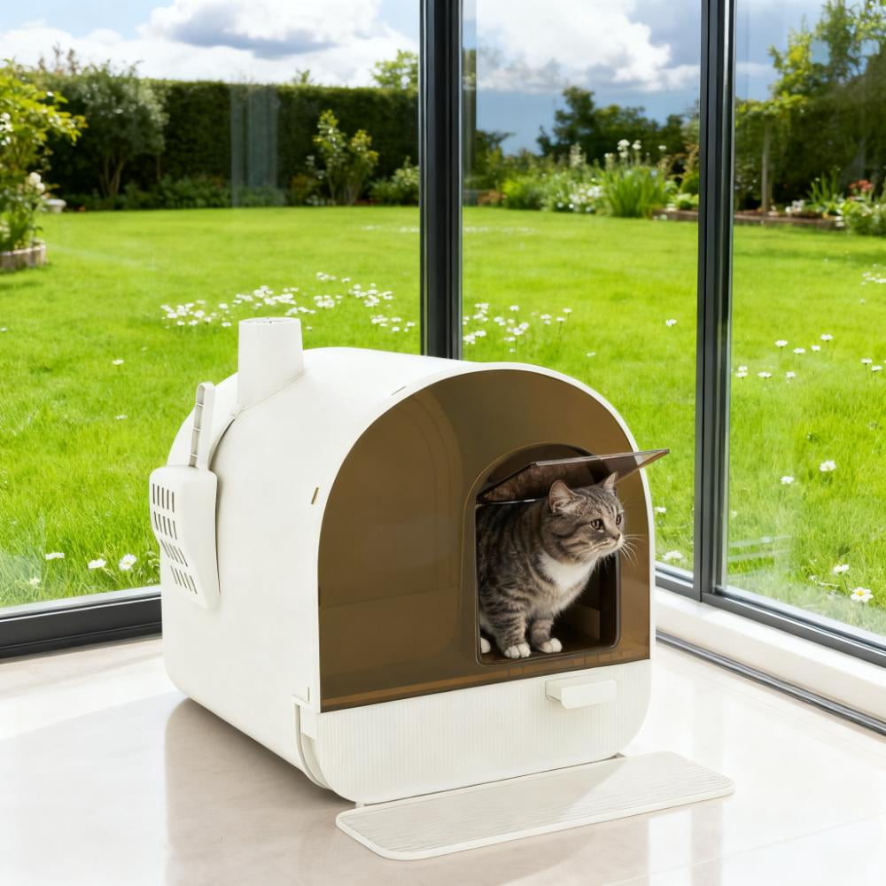 Cat Litter Box with Lid, Enclosed Kitty Litter Tray with Deodorizing Filter, Removable Tray, Litter Scoop & Entry Mat, Durable Plastic for Kittens & Small Cats Under 10 lbs