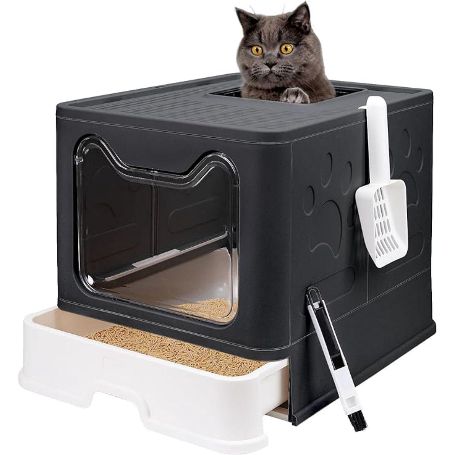 Cat Litter Box with Lid, Enclosed Potty, Large Top Entry Anti-Splashing Toilet, Easy to Clean Including Litter Scoop and 2-in-1 Cleaning Brush (Black)