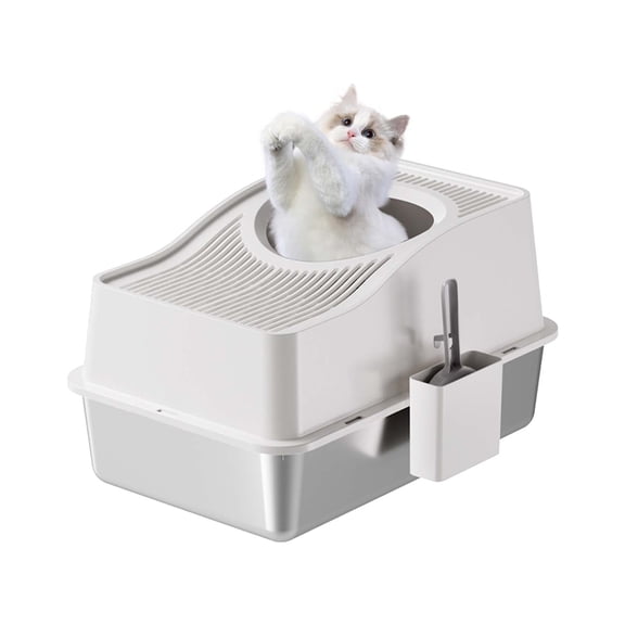 Cat Litter Box With Lid, Stainless Steel Extra Large High Sided Top Entry Kitty Toilet, Cat Litter Box With Cat Litter Mat And Scoop, Easy To Clean, Non-Sticky