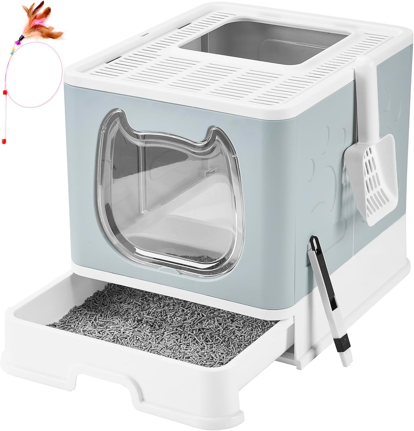 Cat Litter Box with Lid, Top Entry Kitten Litter Box with Controlled Access, Covered Enclosed Cat Potty Odor Control for Small to Medium Cats, Scoop and Clean Brush Included (Grey)