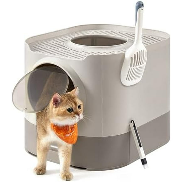 Cat Litter Box with Lid, XL Enclosed Litter Box with Slide-Out Tray, Scoop, Brush, Anti-Tracking, for Cats of Different Sizes, Oatmeal and Warm Gray UPPT002G01