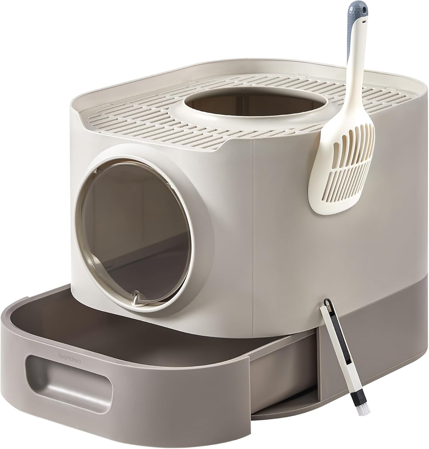 Oatmeal and Warm Gray XL Enclosed Cat Litter Box with Slide-Out Tray