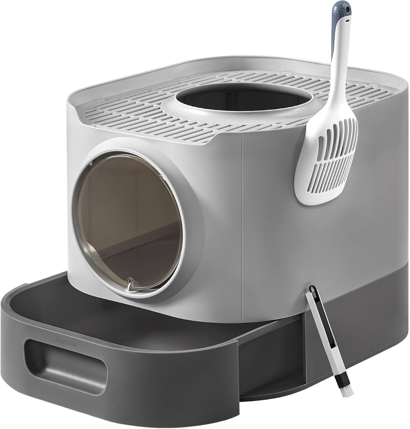 Oatmeal and Warm Gray XL Enclosed Cat Litter Box with Slide-Out Tray