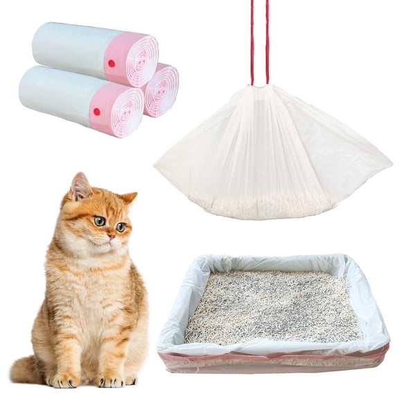 Cat Litter Box Liners 30 Count, Large Drawstring Cat Litter Bags 37" x 18" for Standard Tray, Easy Clean Pet Litter Pan Liners for Home Use, White
