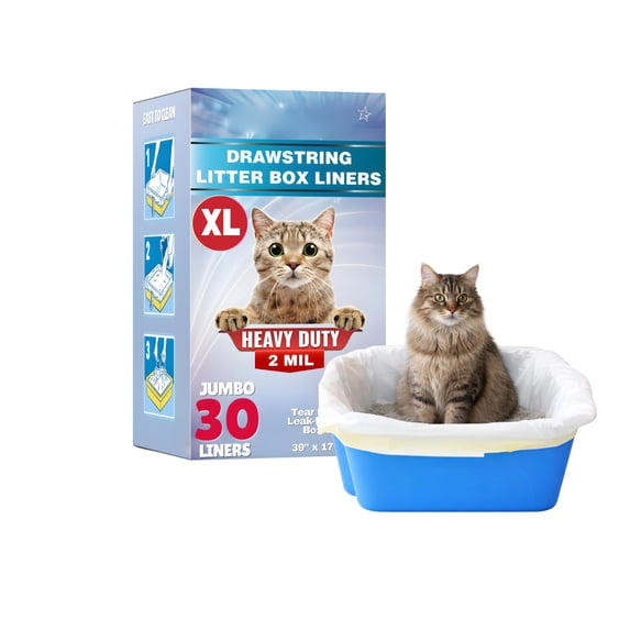 Cat Litter Box Liners Drawstring XL, 30 Count Super Jumbo Disposable Litter Tray Bags, 39 x 17 Inches, Extra Heavy 2 Mil Thick, Leakproof & Scratch Resistant, Fits Most Large Litter Boxes, White