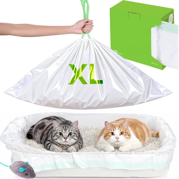 Cat Litter Box Liners, Large Jumbo 37x16 Inch Heavy Duty Claw Proof Litter Bags with Drawstring, Dispenser Box for Easy Use,Made from 70% Recycled Ocean Plastic,Fits Most Standard Litter Boxes,White