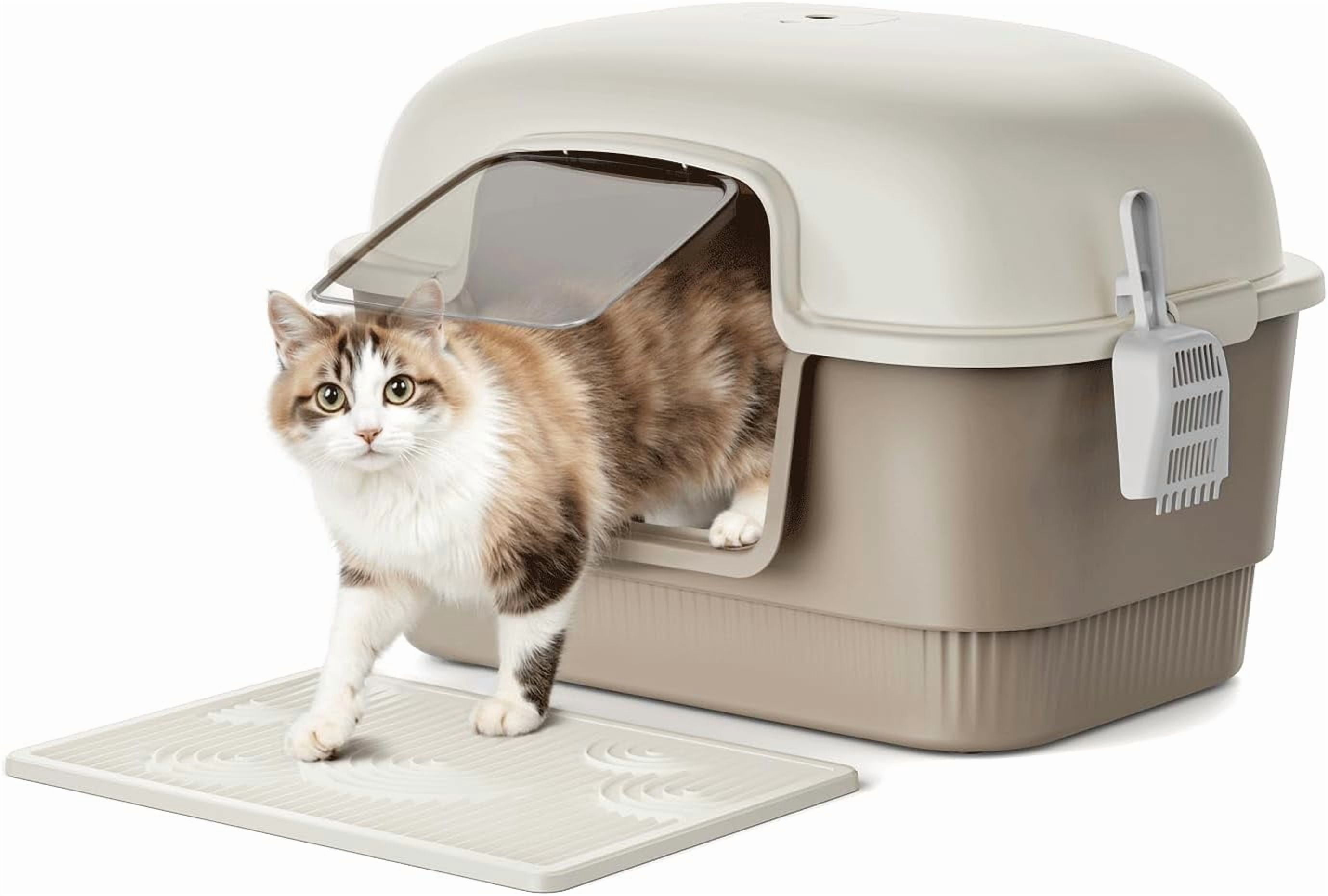 Litter Box with Litter Mat and Scoop,High Wall Enclosed  Litter Boxes for Anti-Leakage, Covered Kitty Litter Box with Handle and Buckles for Portability and , Odor Control (Brown)