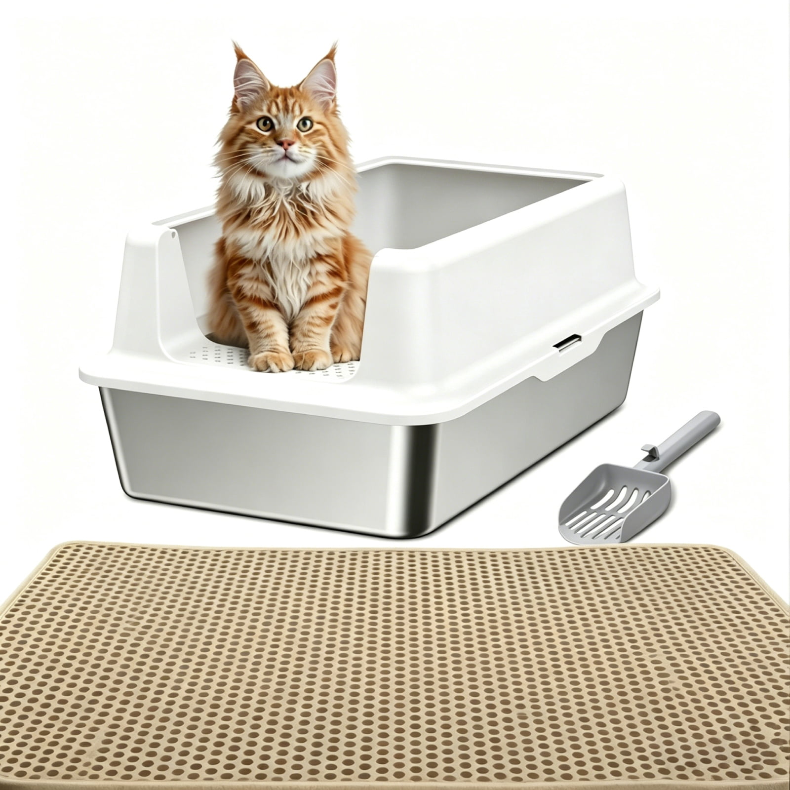 Stainless Steel Litter Box with Large Litter Mat, 23.6" High-Sided Metal Litter Pan for Multi Cats Tray with Scoop Non-Stick, Leak-Proof, Easy to Clean