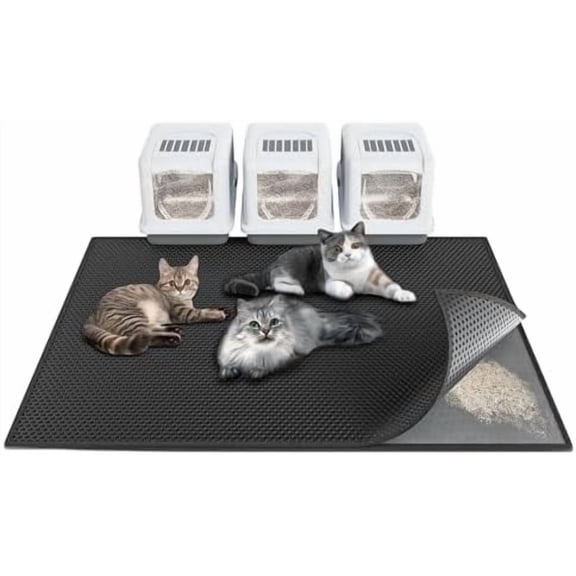 Cat Litter Box Mat: 47"x 36" Waterproof Kitty Cat Litter Trapping Mat, Easy-clean Double-layer Scatter Control Pad Rug (Black)