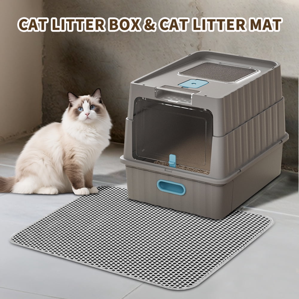Cat Litter Box + Mat, Drawer-Style Enclosed Large Odor-Control Kitty Toilet with Pull-Out Tray, for Kittens, Big Cats & Multi-Cat Homes, Gray