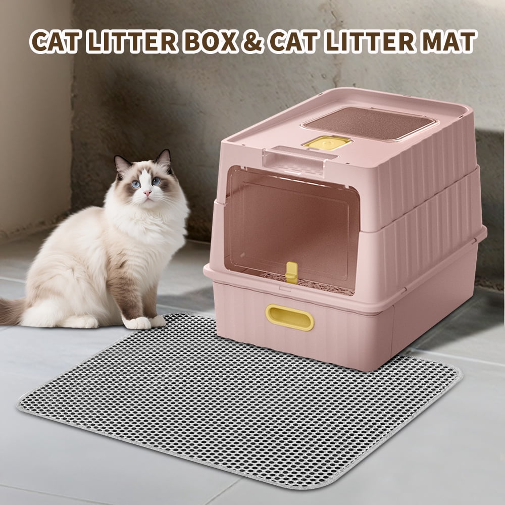 Cat Litter Box + Mat, Drawer-Style Enclosed Large Odor-Control Kitty Toilet with Pull-Out Tray, for Kittens, Big Cats & Multi-Cat Homes, Pink