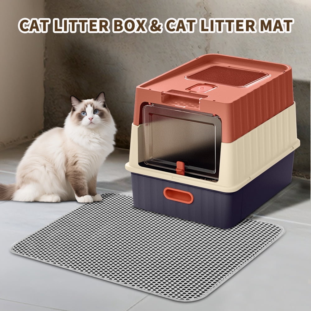 Cat Litter Box + Mat, Drawer-Style Enclosed Large Odor-Control Kitty Toilet with Pull-Out Tray, for Kittens, Big Cats & Multi-Cat Homes, Red