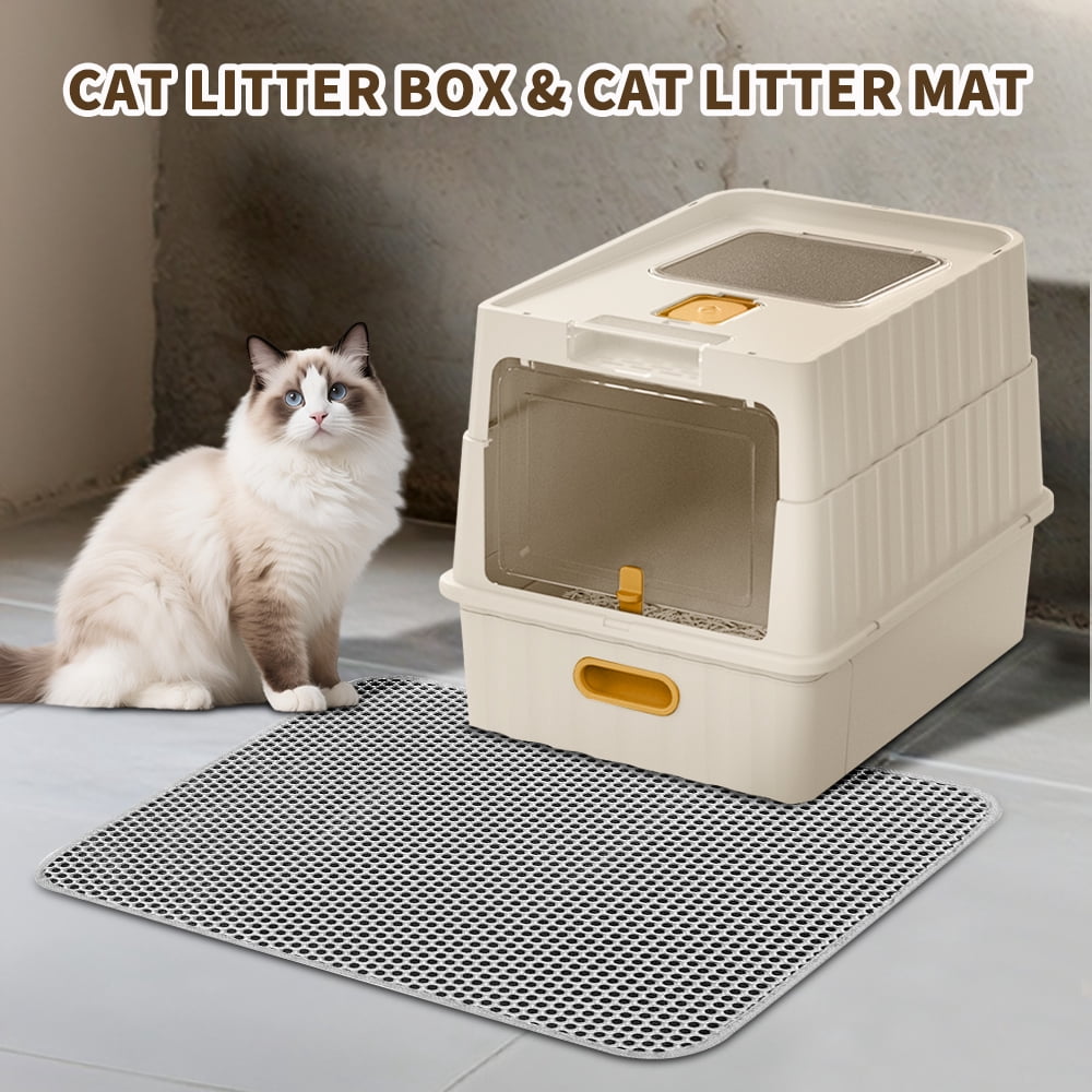 Cat Litter Box + Mat, Drawer-Style Enclosed Large Odor-Control Kitty Toilet with Pull-Out Tray, for Kittens, Big Cats & Multi-Cat Homes, White