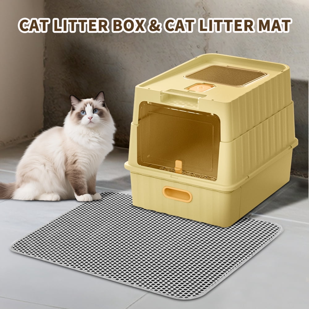 Cat Litter Box + Mat, Drawer-Style Enclosed Large Odor-Control Kitty Toilet with Pull-Out Tray, for Kittens, Big Cats & Multi-Cat Homes, Yellow