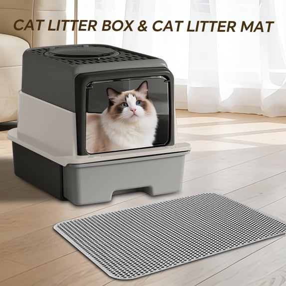 Cat Litter Box + Mat, Fully Enclosed Large Covered Kitty Toilet with Drawer Tray & Top Sifting Grate, Odor Control Design, 21.7*13.8in