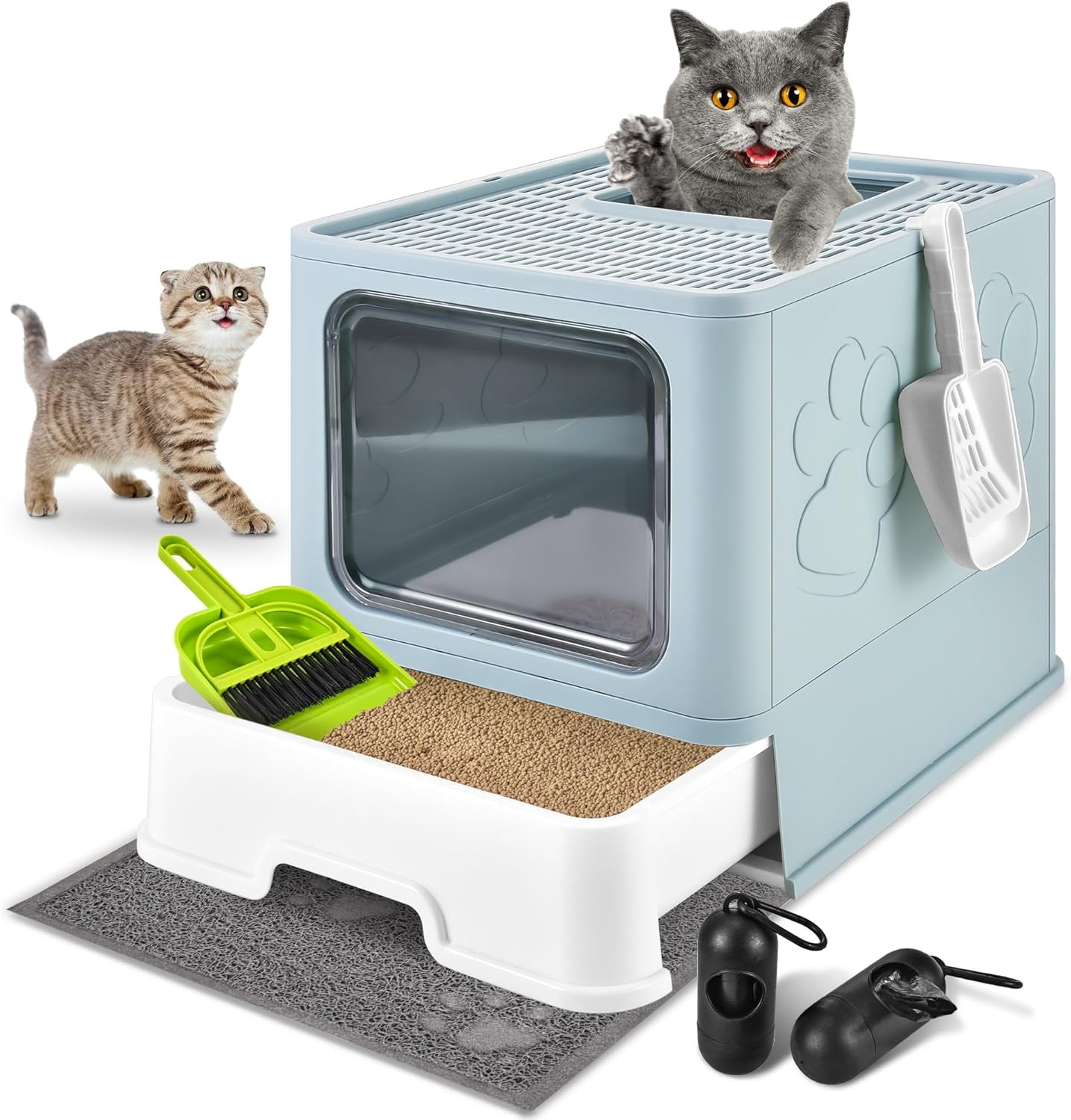 Cat Litter Box with Litter Mat and Scoop, Large Foldable Litter Box
