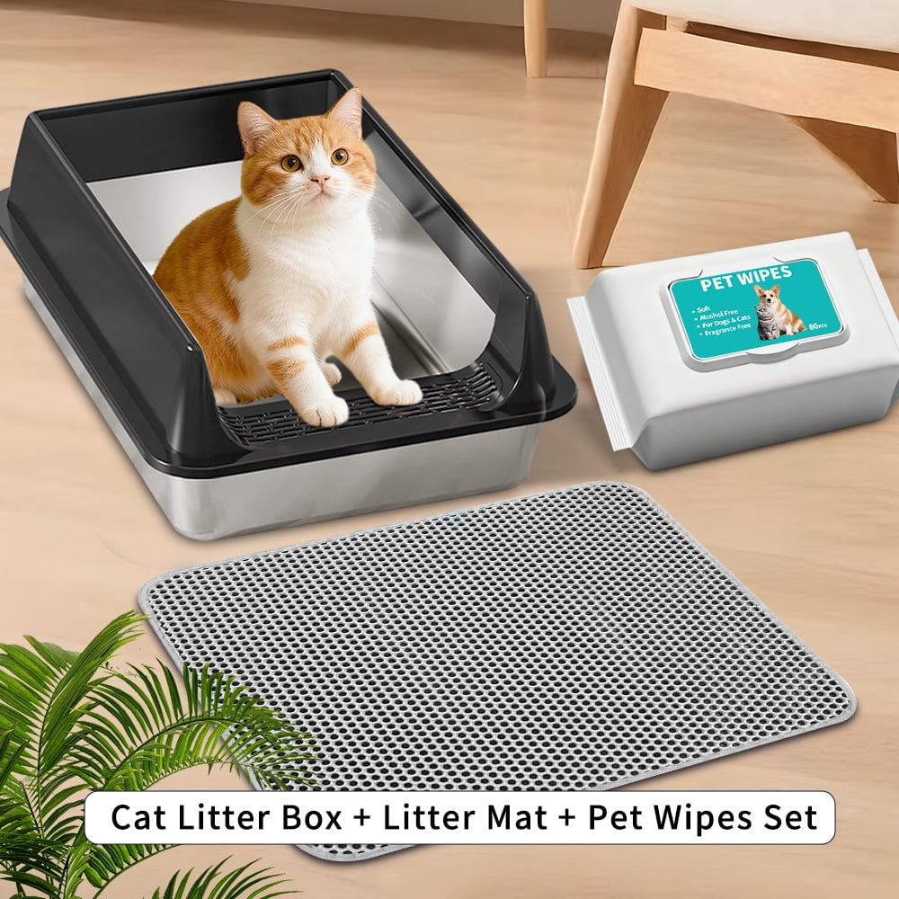Cat Litter Box + Mat + Wipes, Semi Enclosed High Side Stainless Steel Litter Box, Top Entry Pet Mats for Senior Cats, Leak-Proof, Non-Sticky, Ideal for Indoor Cats Kitten, M