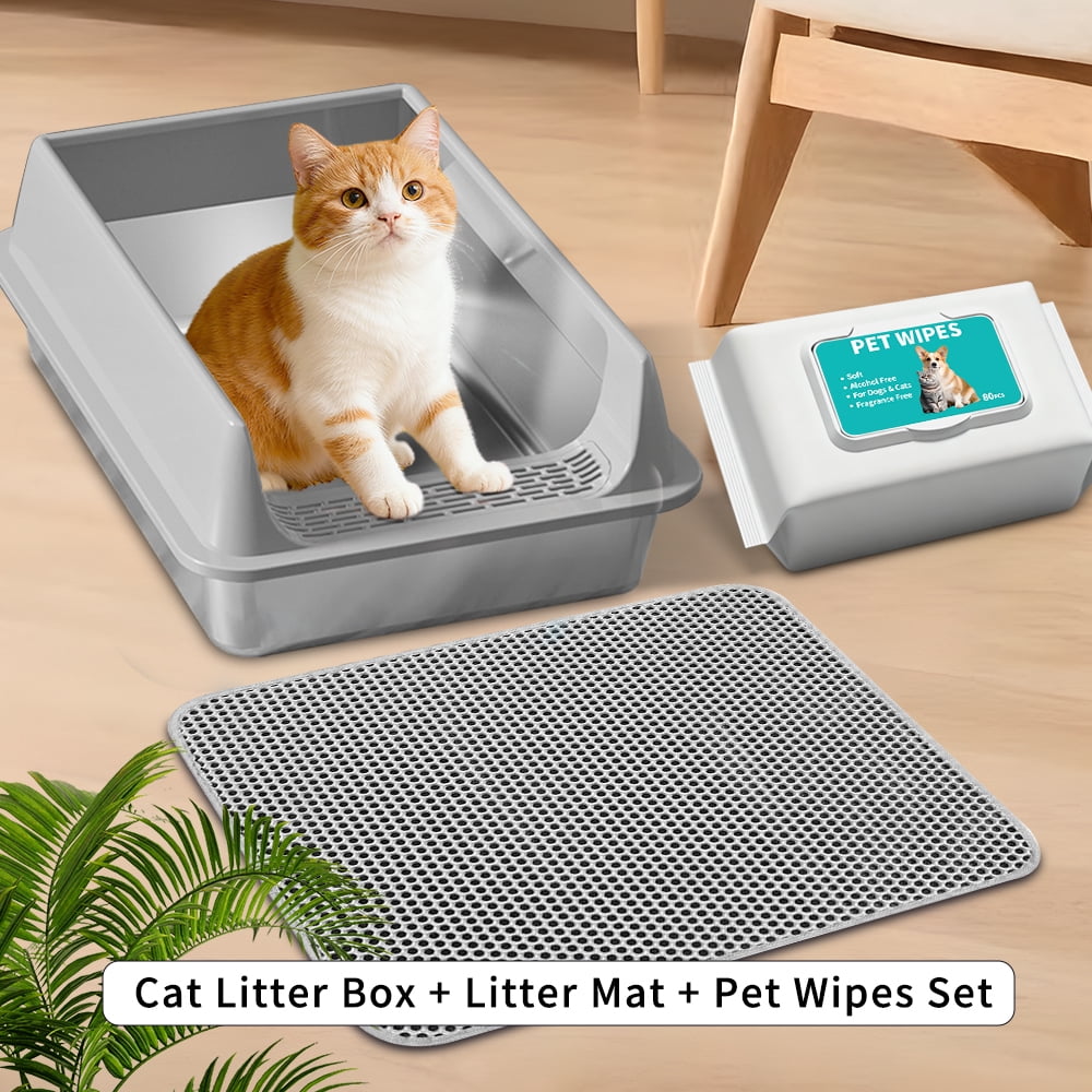Cat Litter Box + Mat + Wipes, Semi Enclosed High Side Stainless Steel ...