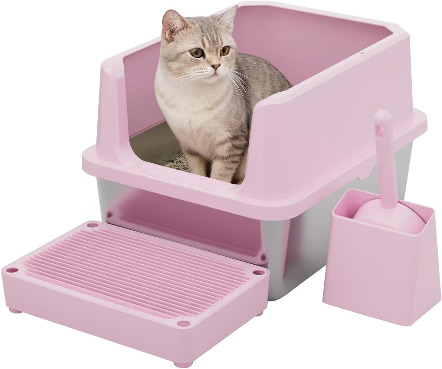 Cat Litter Box: Pink Stainless Steel Odor Control Pan - Easy Clean Non-Porous - 11.6" High Sides Anti-Scatter - Open Top for Fast Scooping - with Scoop - Apartment Bathroom/Laundry Room