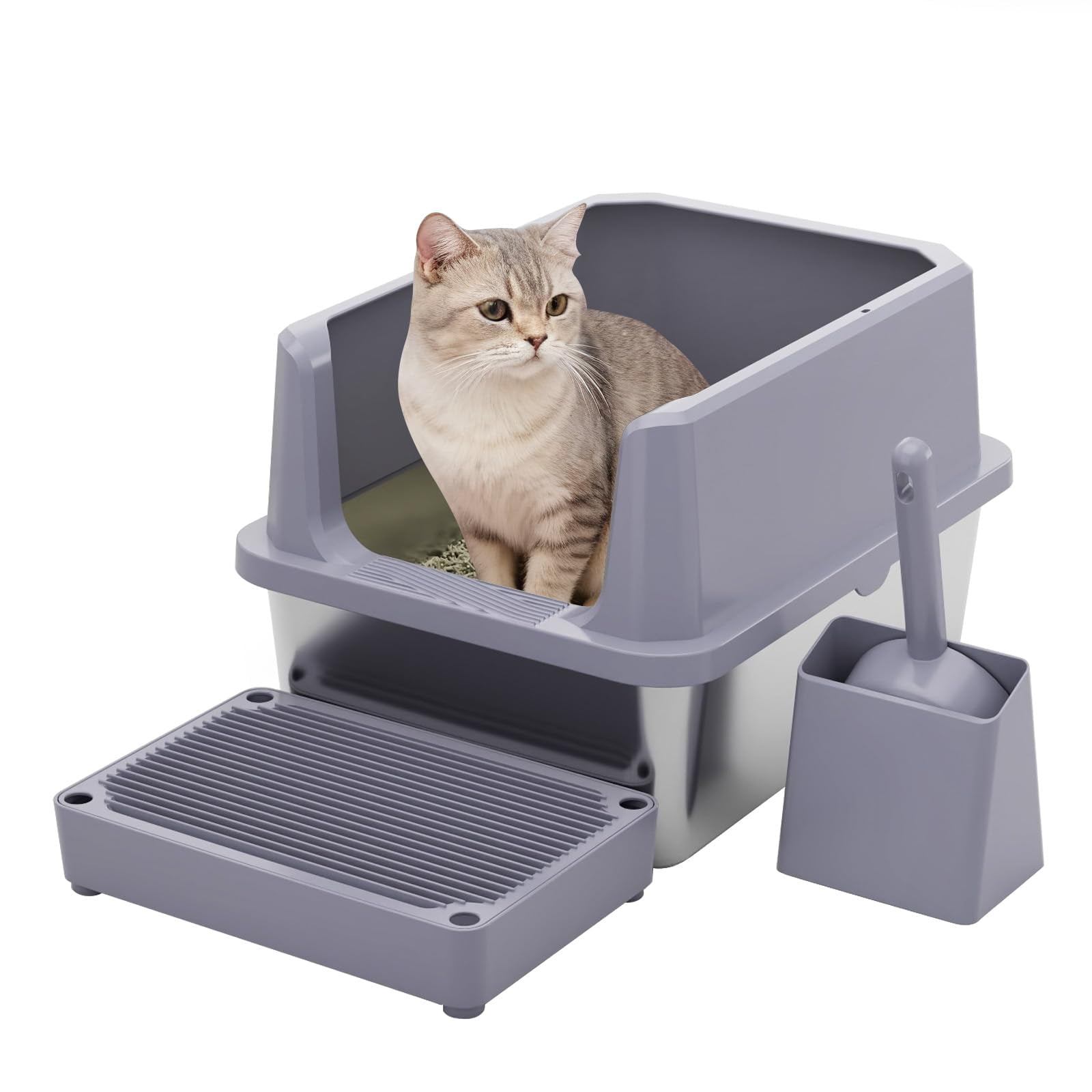 Cat Litter Box: Pink Stainless Steel Won't Trap Odors - Easy Rinse Clean Non-porous Open Top Design 11.6" High Sides 17.3"x13.5" With Scoop Studio Apartment/bathroom