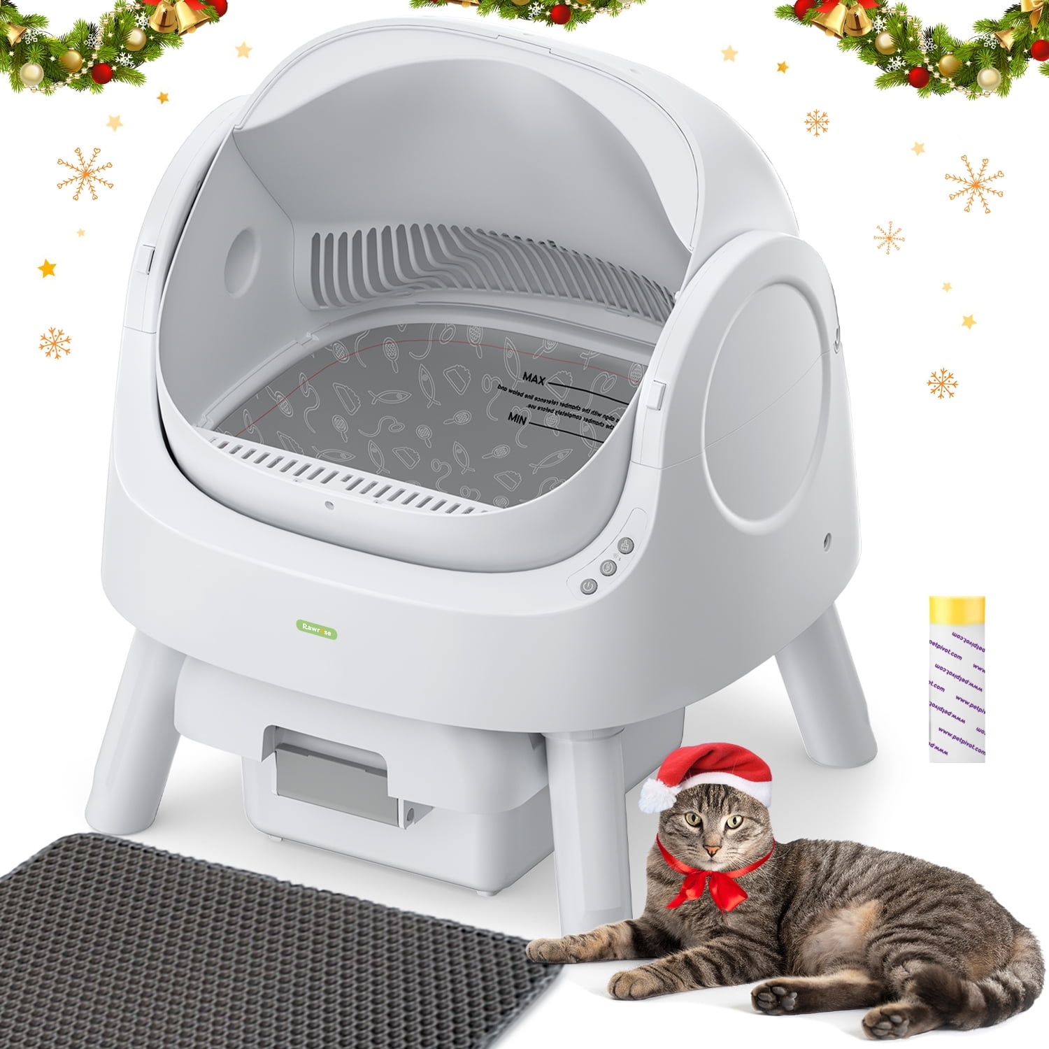 Cat Litter Box Self Cleaning, Rawrose Open-Top Automatic Cat Litter Box with Safety Protection for Multiple Cats, Mat And Garbage Bags Included - White