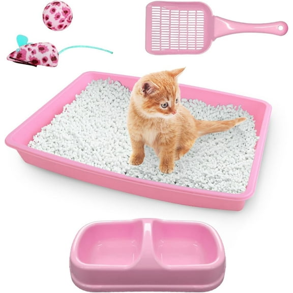 Cat Litter Box Set, Small Kitten Starter Kit, Includes Litter Box, Litter Scoop, Double Dish Feeding Bowl, Cat Mouse Toy, Kitty Ball Toy, Pink