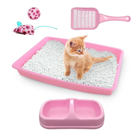 Cat Litter Box Set, Small Kitten Starter Kit, Includes Litter Box, Litter Scoop, Double Dish Feeding Bowl, Cat Mouse Toy, Kitty Ball Toy, Pink