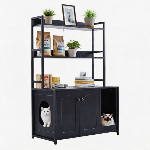 Cat Litter Box Shelf Enclosure, 52'' Large Hidden Litter Box Enclosure Furniture with Storage Shelf, Removable Scratch Mat, Corner Cat Kitten Cabinet Black