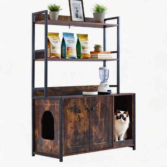 Cat Litter Box Shelf Enclosure, 52'' Large Hidden Litter Box Enclosure Furniture with Storage Shelf, Removable Scratch Mat, Corner Cat Kitten Cabinet Brown