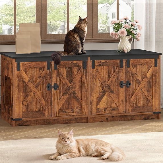Cat Litter Box Enclosure for 2 Cats, 46.7"W Double‑Room Concealed Cat Litter Box Furniture, Farmhouse Style for Indoor Home Use, Rustic Brown
