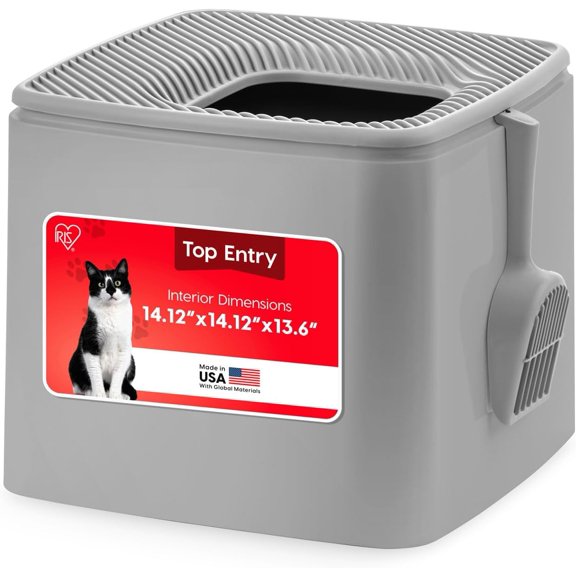 Cat Litter Box Top Entry with Scoop, Covered Dog Proof Litter Box Design, Enclosed Square Style Litterbox with Odor Control, Easy to Clean for Cats, Gray
