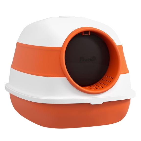 Cat Litter Box Enclosed, Dome Cat Washroom with Door & Scoop, White/Orange